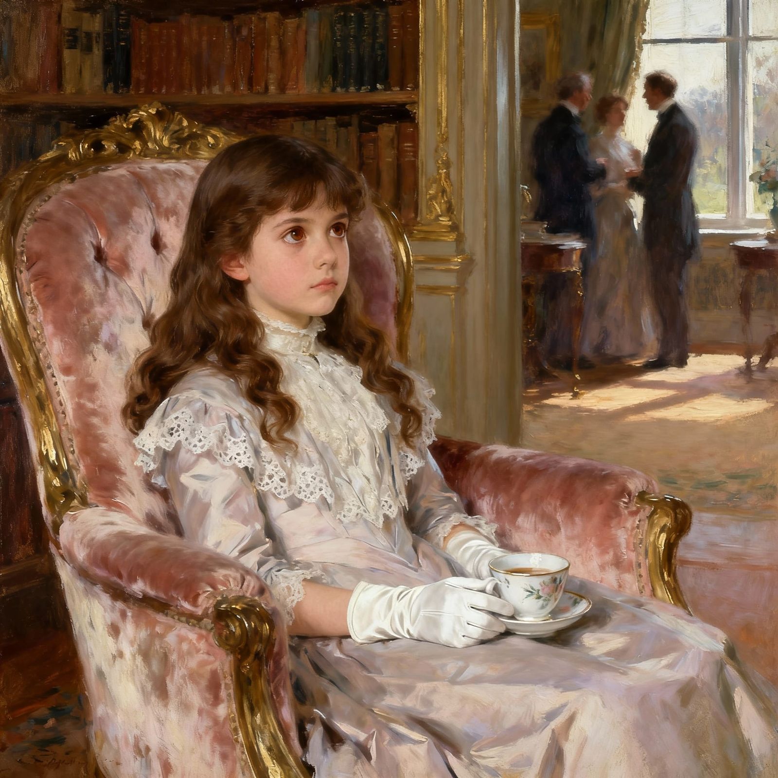 Victorian Girl Bored in Manor Parlor, Oil Painting Style