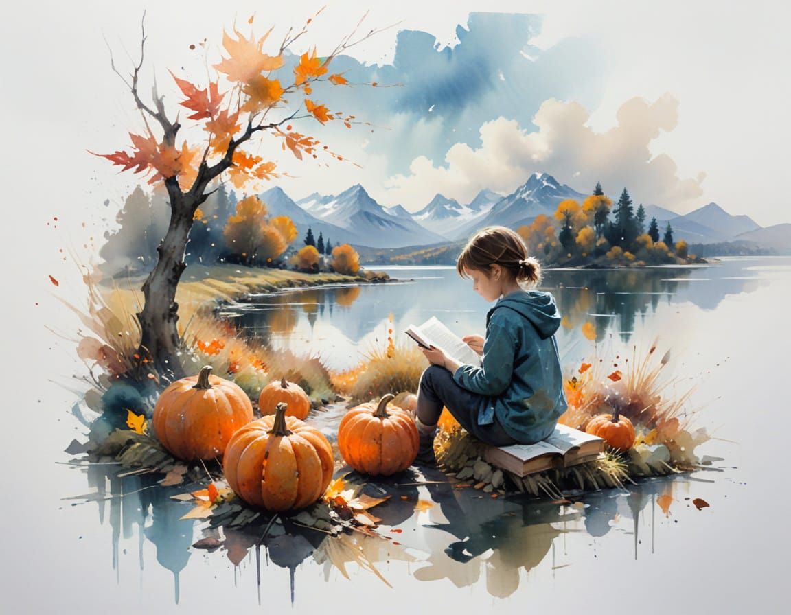 Child Reading on Pumpkin Path Amidst Autumn Swirls