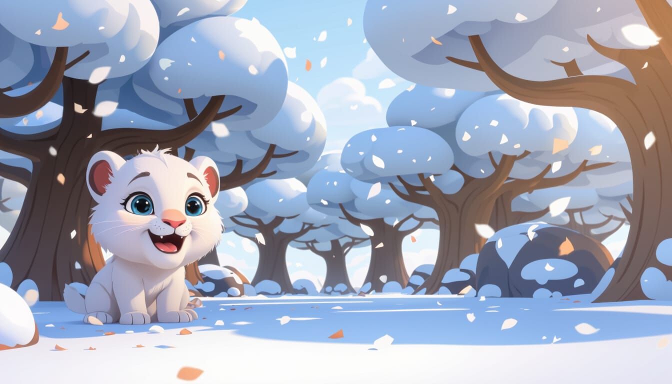 Joyful White Lion Cub in Enchanted Forest