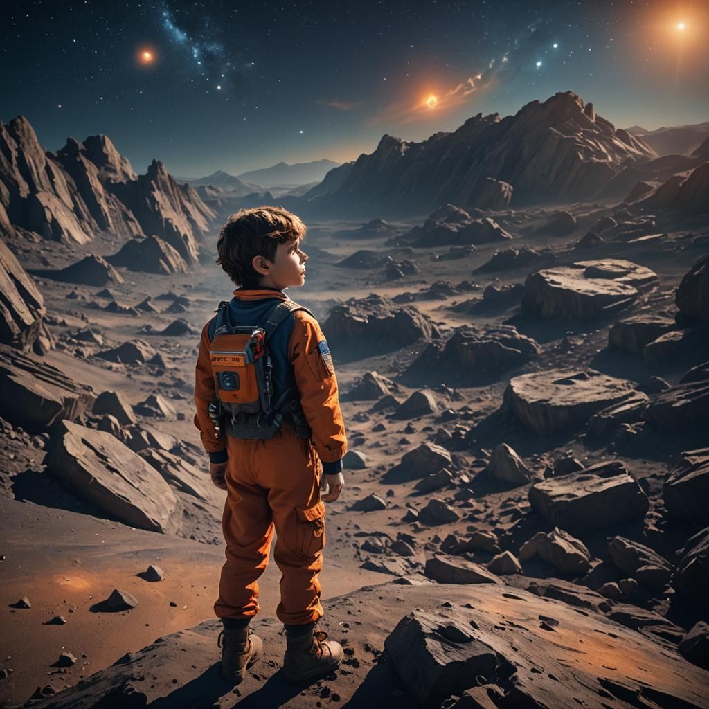Boy Pilot Gazing at Stars on Asteroid
