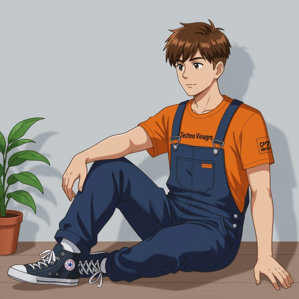 Man in Overalls with Bowl Cut in Vibrant Anime Style