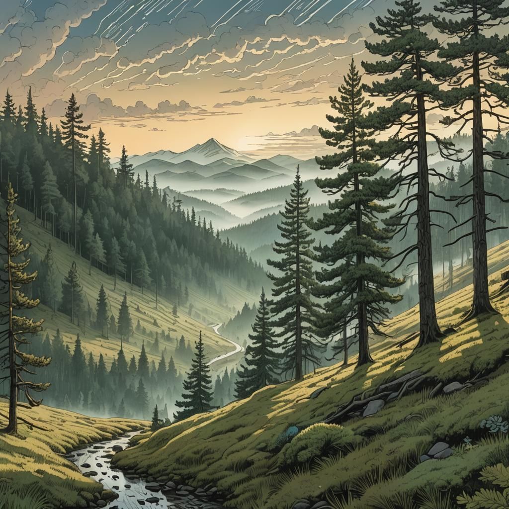 Surreal Pine Forest Meadow at Dawn in Retro Comic Style