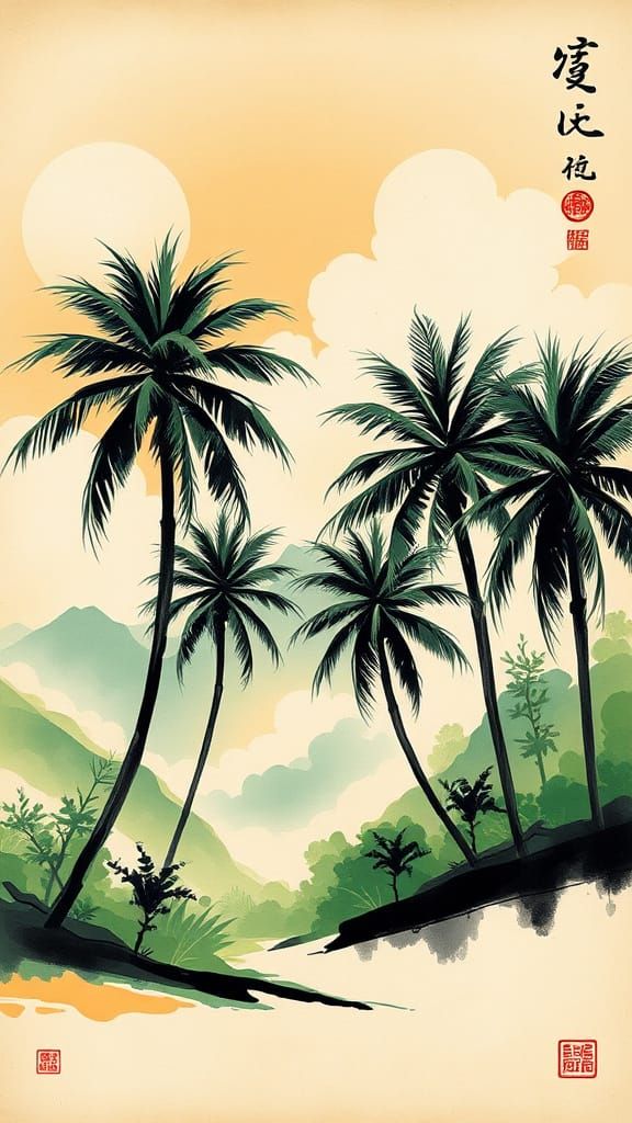 Vintage China Tropical Paradise Landscape