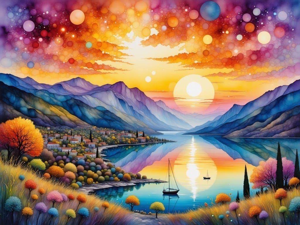 Sunset over Kotor Bay in Watercolor Style