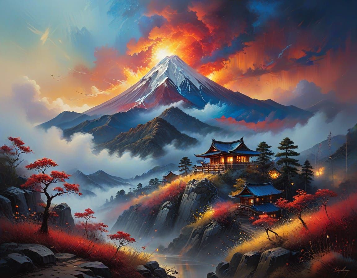 Surreal Japanese Village in Cosmic Harmony