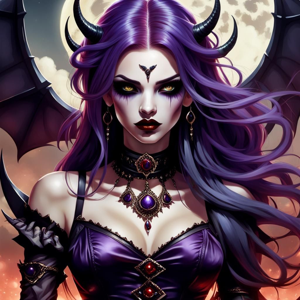 Angry Demon Goddess purple hair, deep red Crimson lips eyes and dress choker collar