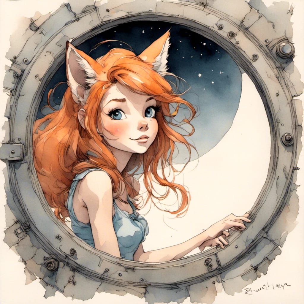 Fox-girl VIXEN, view from door peephole