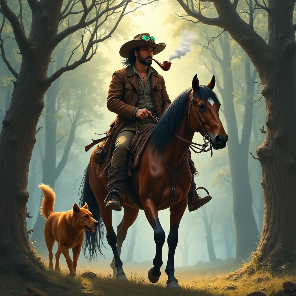 Rugged Cowboy Rides Horse in Misty Forest