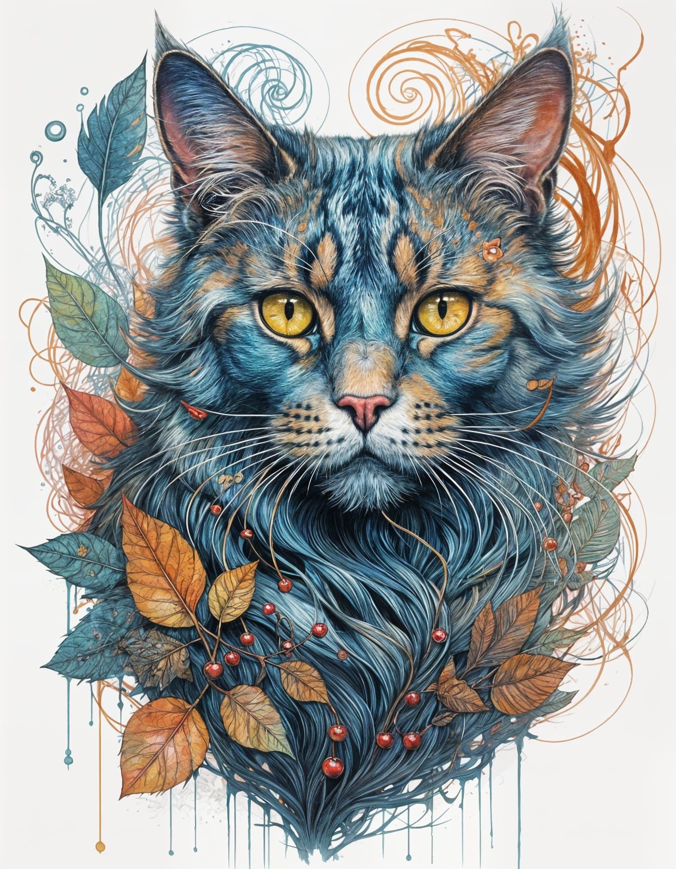 Regal Feline Portrait in Whimsical Floral Splendor