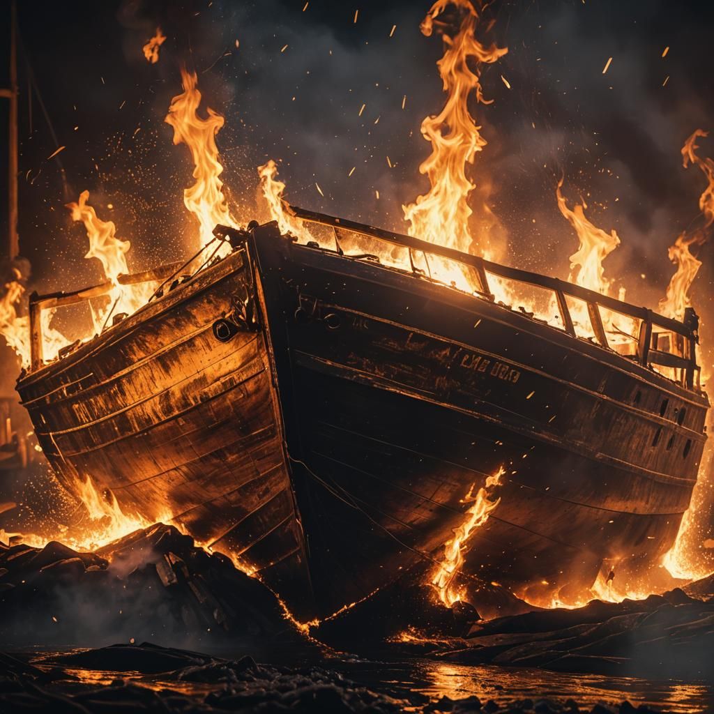 Burning Boat: Cinematic Film Still in 8k