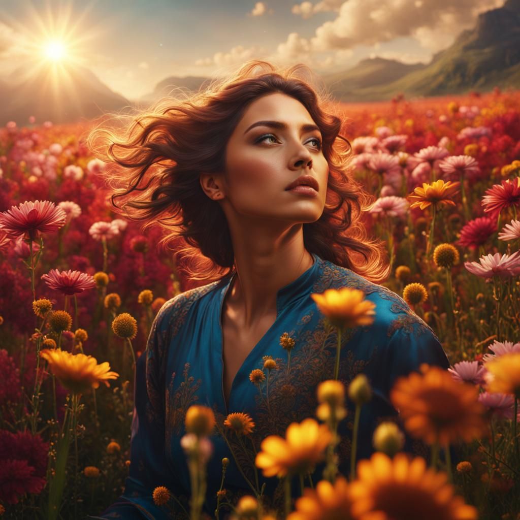 Woman with Divine Power in Flower Field
