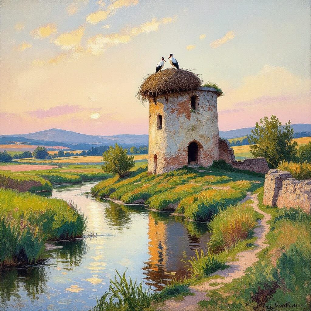 Impressionistic Landscape with Storks in Tower Nest
