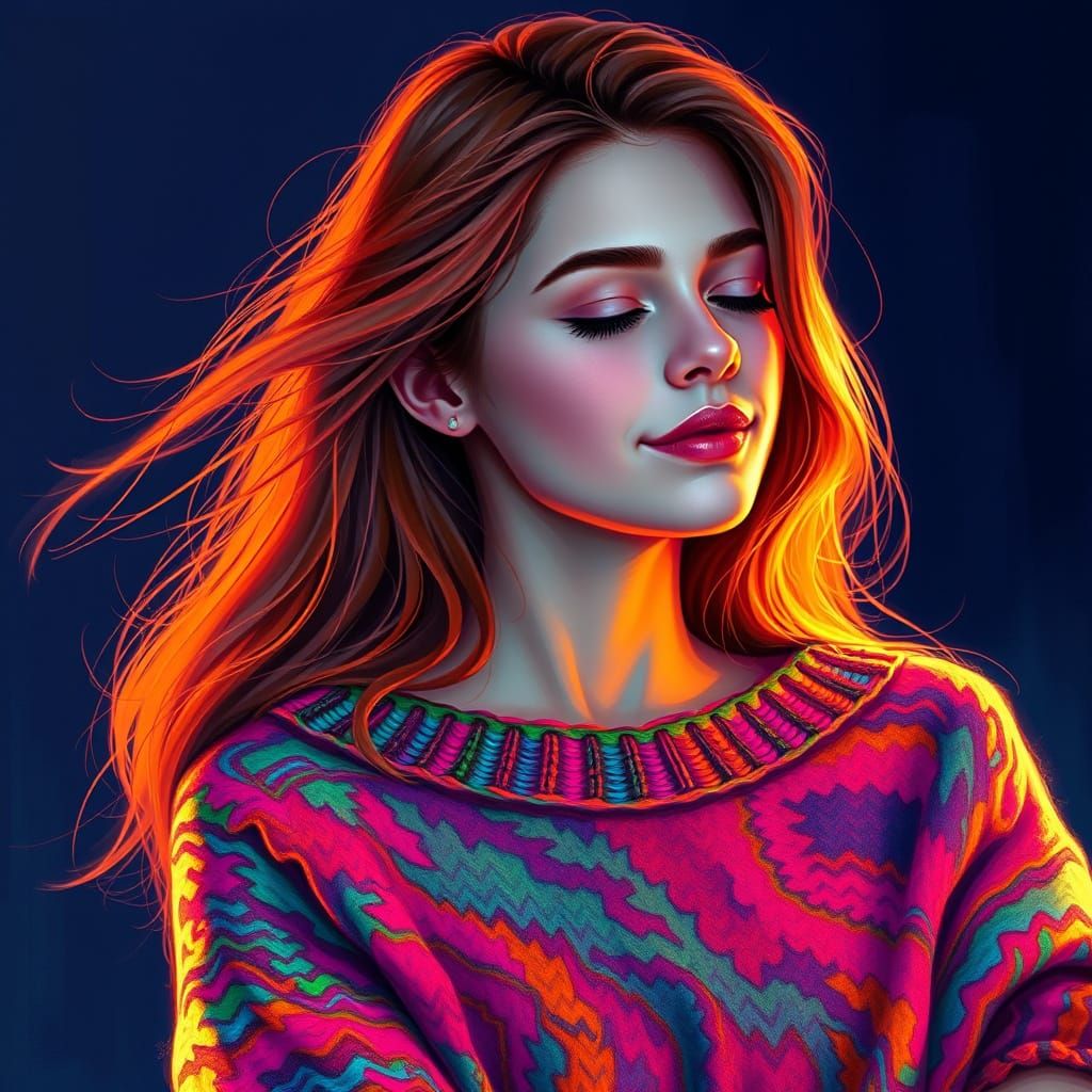 Fiery Red Haired Woman in Vibrant Sweater, Digital Painting
