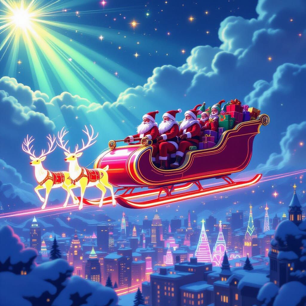 Retro-Futuristic Santa Sleigh in Neon City