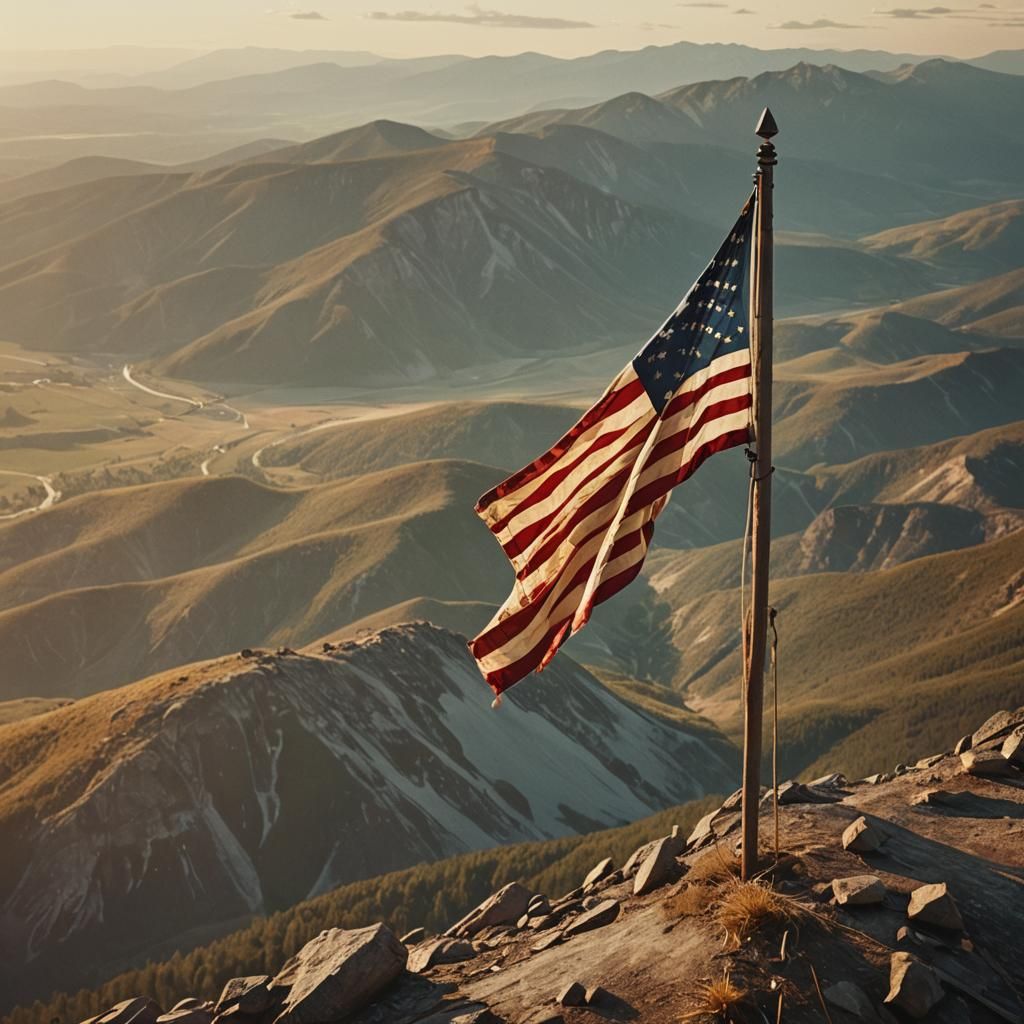 Freedom Flag Waving on Mountaintop in Film Noir Style