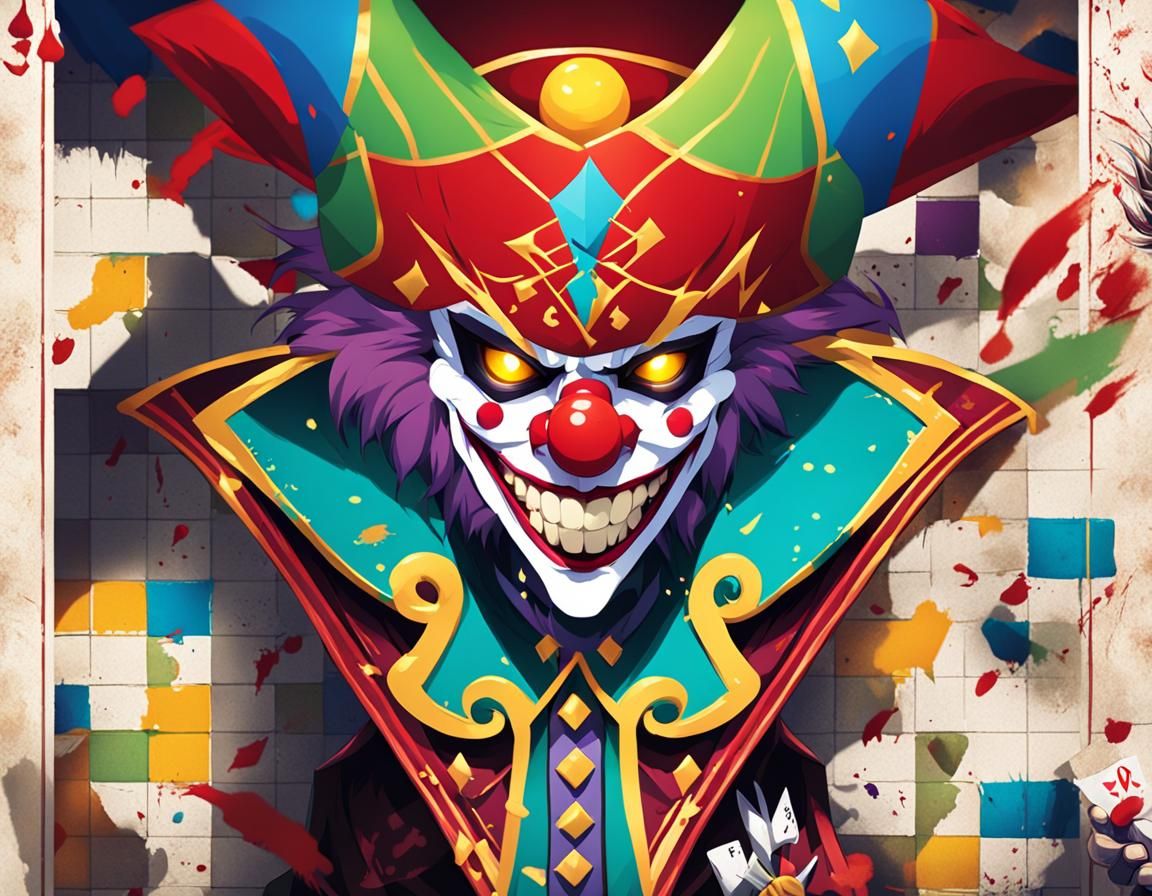 Menacing Clown Jester in Anime Key Visual Style