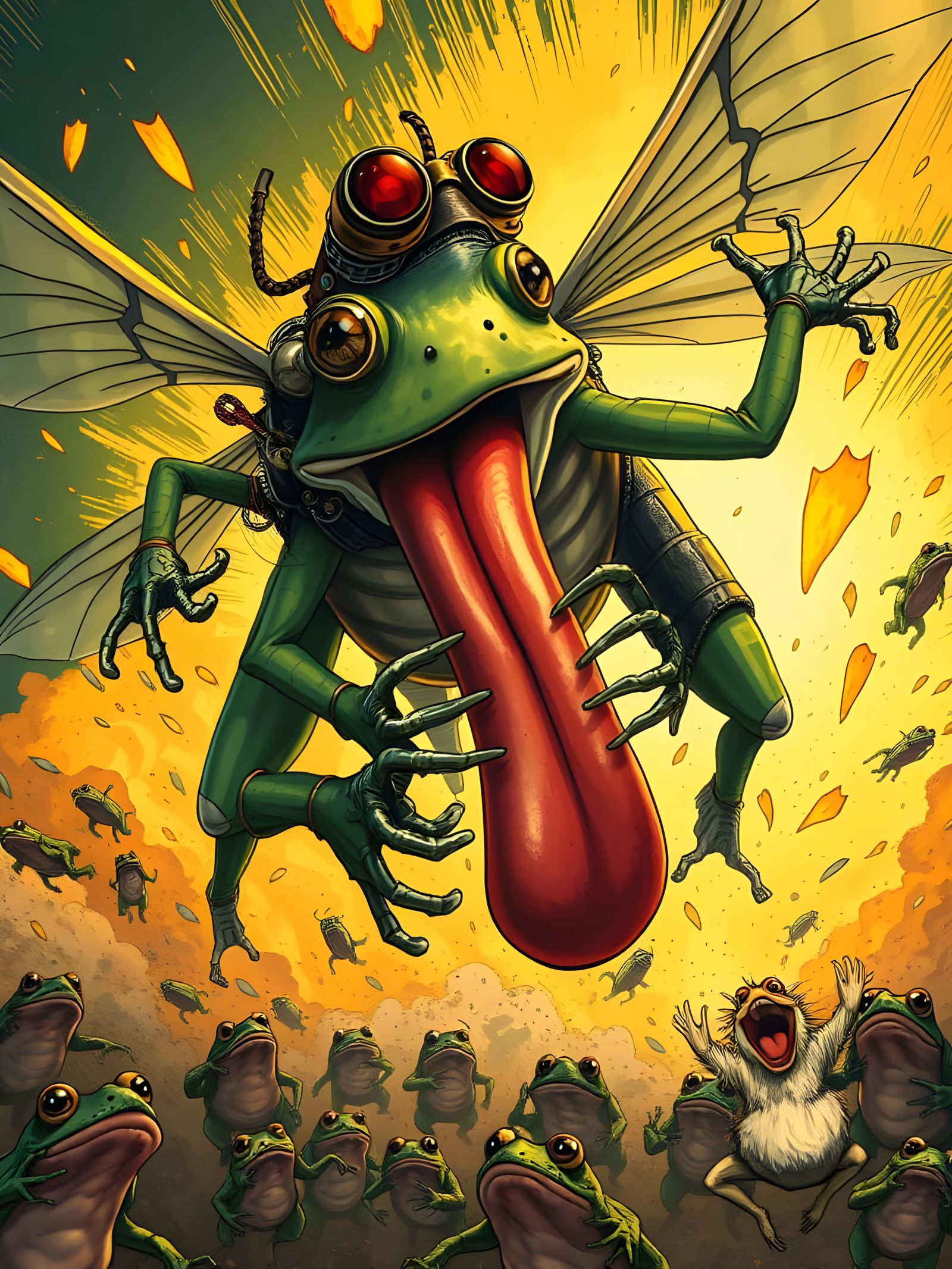 Giant Fly Lifts Shocked Frog in Steampunk Style