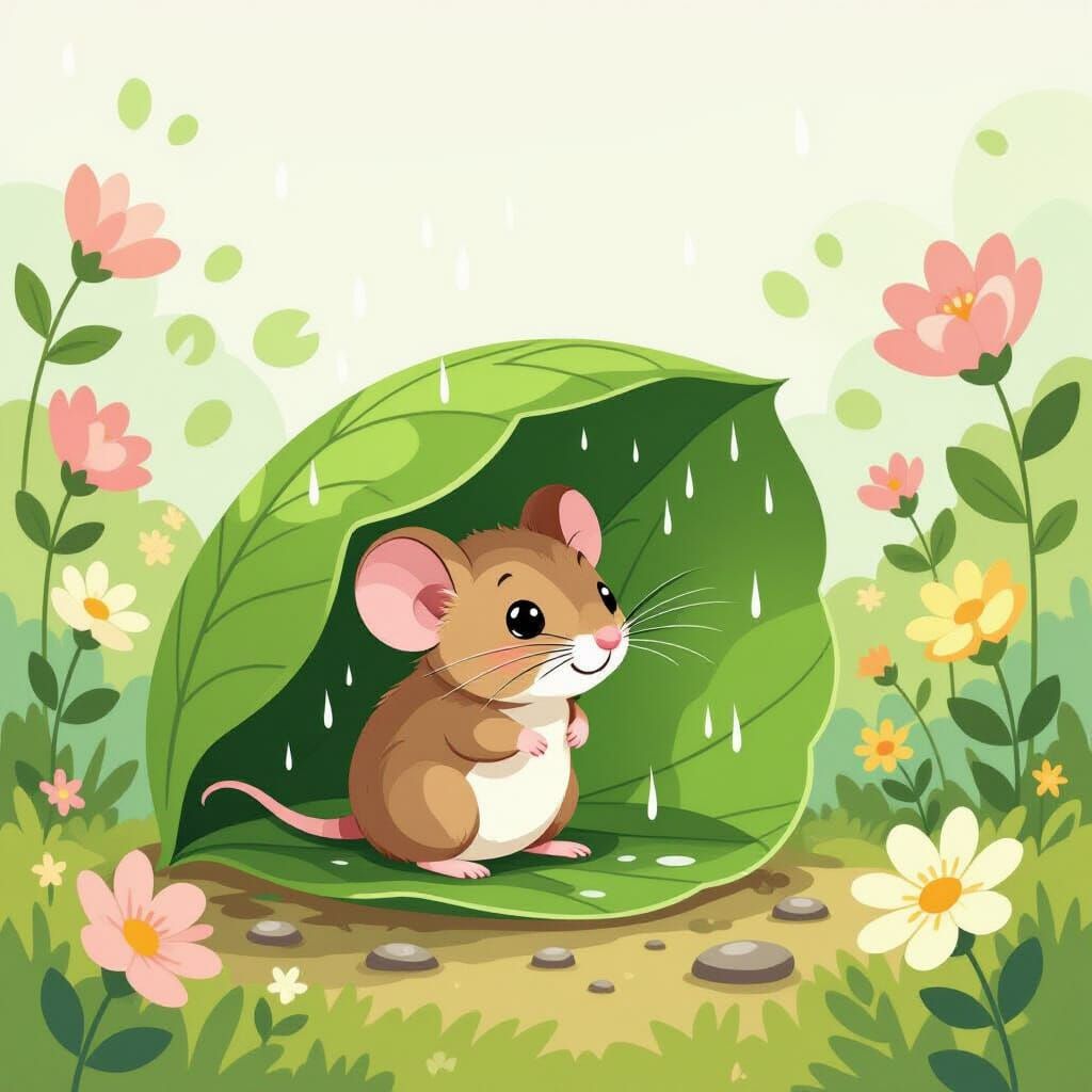 Cute Mouse Sheltering from Rain in Vintage Cottagecore Style