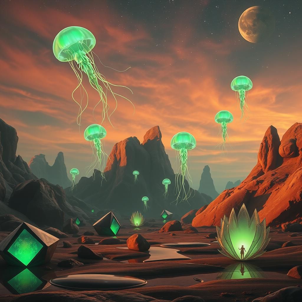 3d green glowing jellyfishes in the sky, an alien planet, hyper detailed, geometric shapes, strange rock formations, hy...