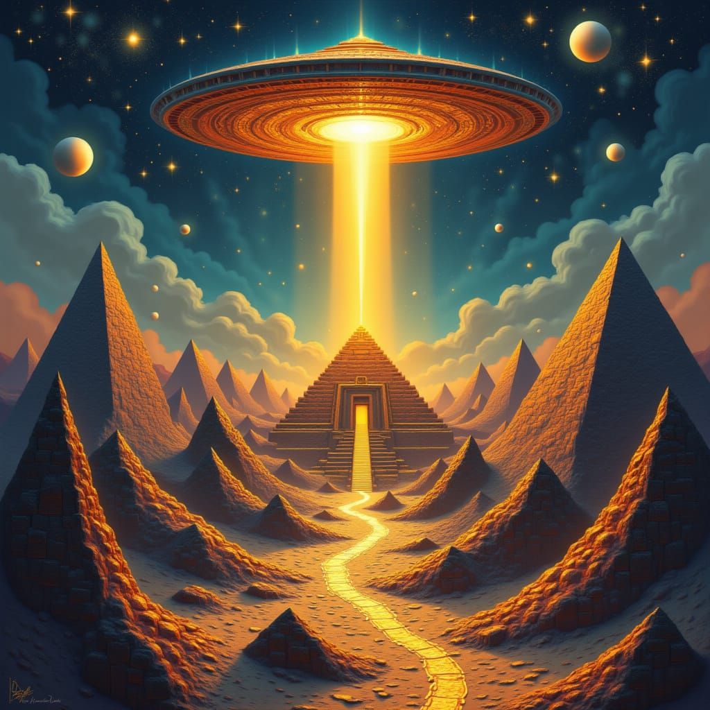 Mystical Pyramids with Hovering Saucers in Dreamlike Style