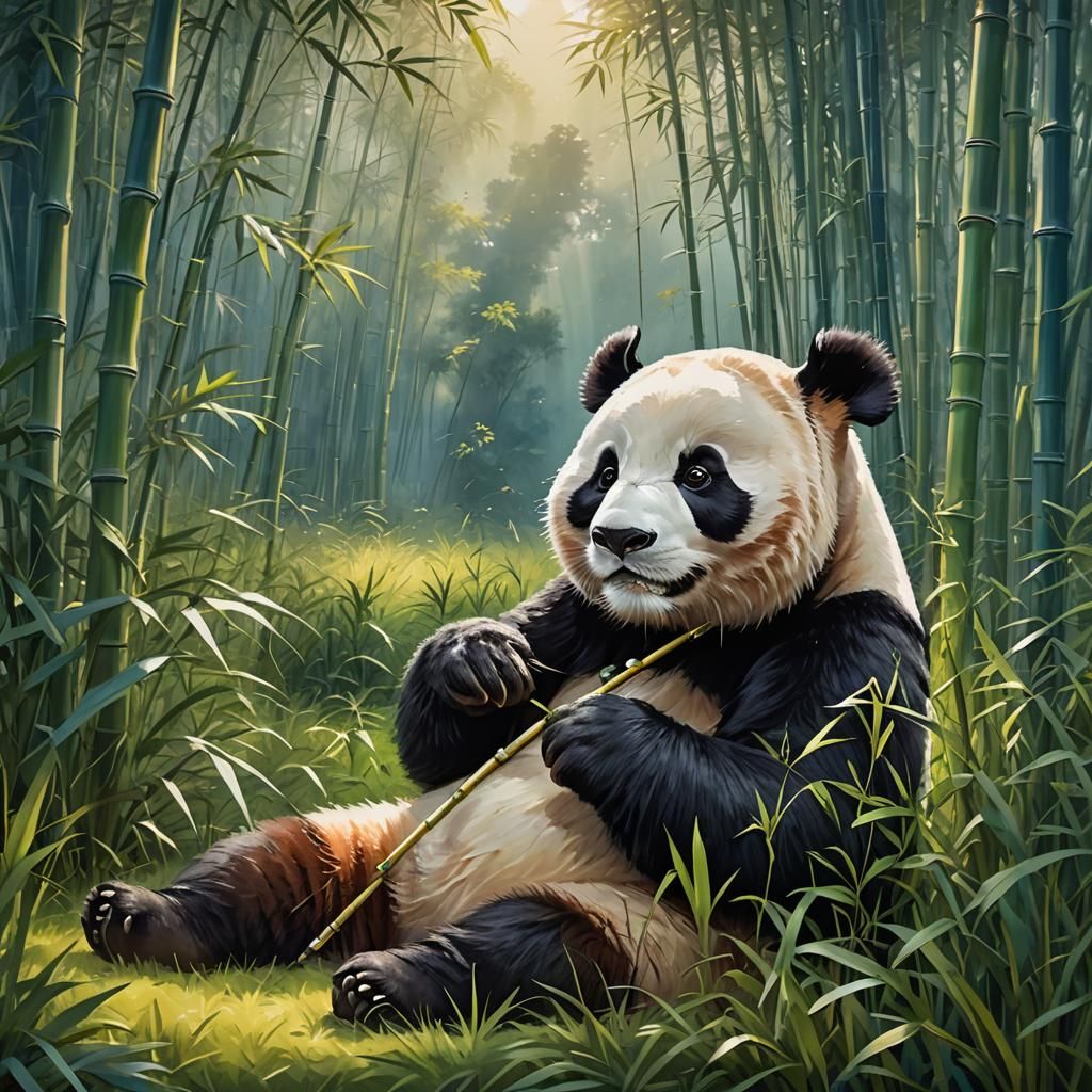 Panda Bear in Bamboo Forest at Dawn