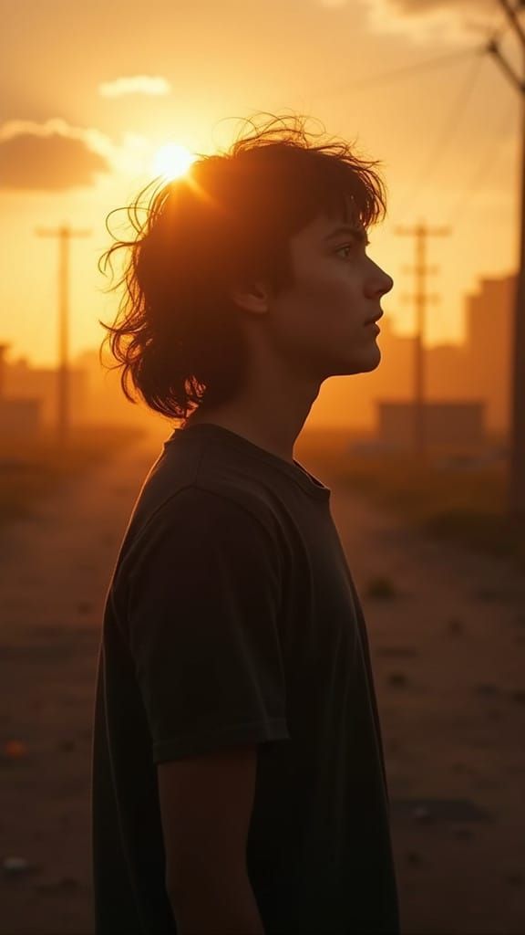 Teenager in Urban Wasteland at Sunset Cinematic Film Still