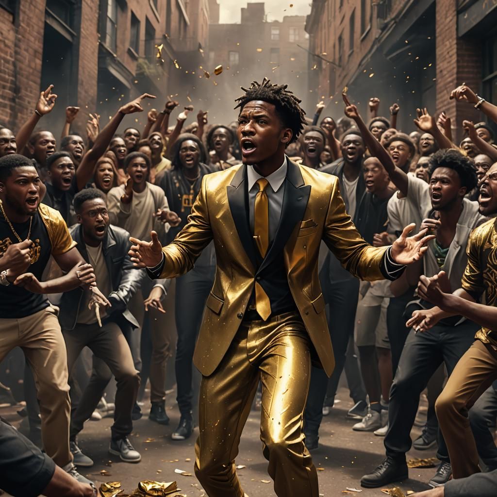 Teen Rapper in Gold Suit Rap Battle, Detailed Matte Painting