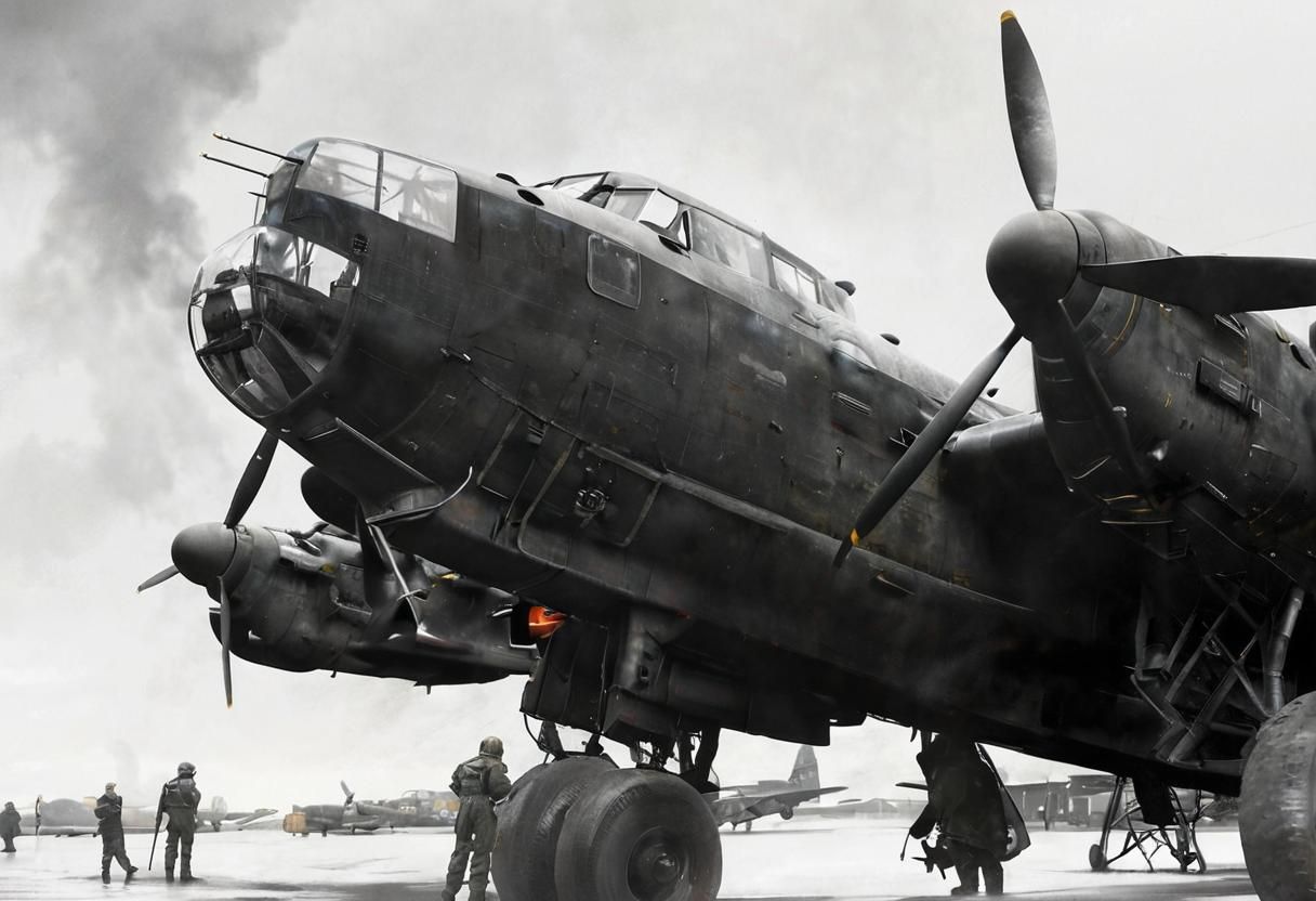 Lancaster Bomber Prepares on Misty Runway: Concept Art