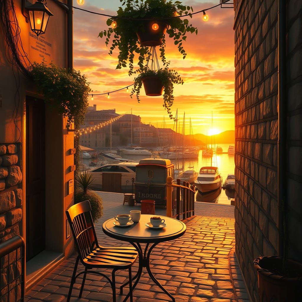 Cozy Harbor Cafe at Sunset