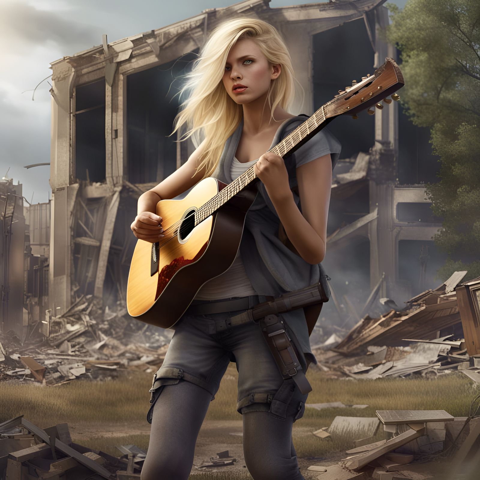 Apocalyptic Serenade: Girl and Father in Ruins