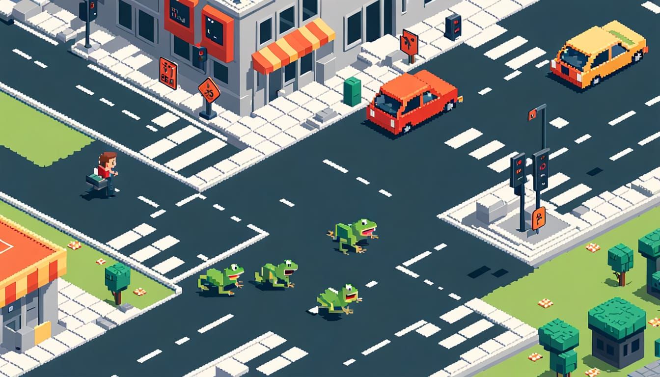8-Bit Frog Runs Busy Road in Retro Videogame Style