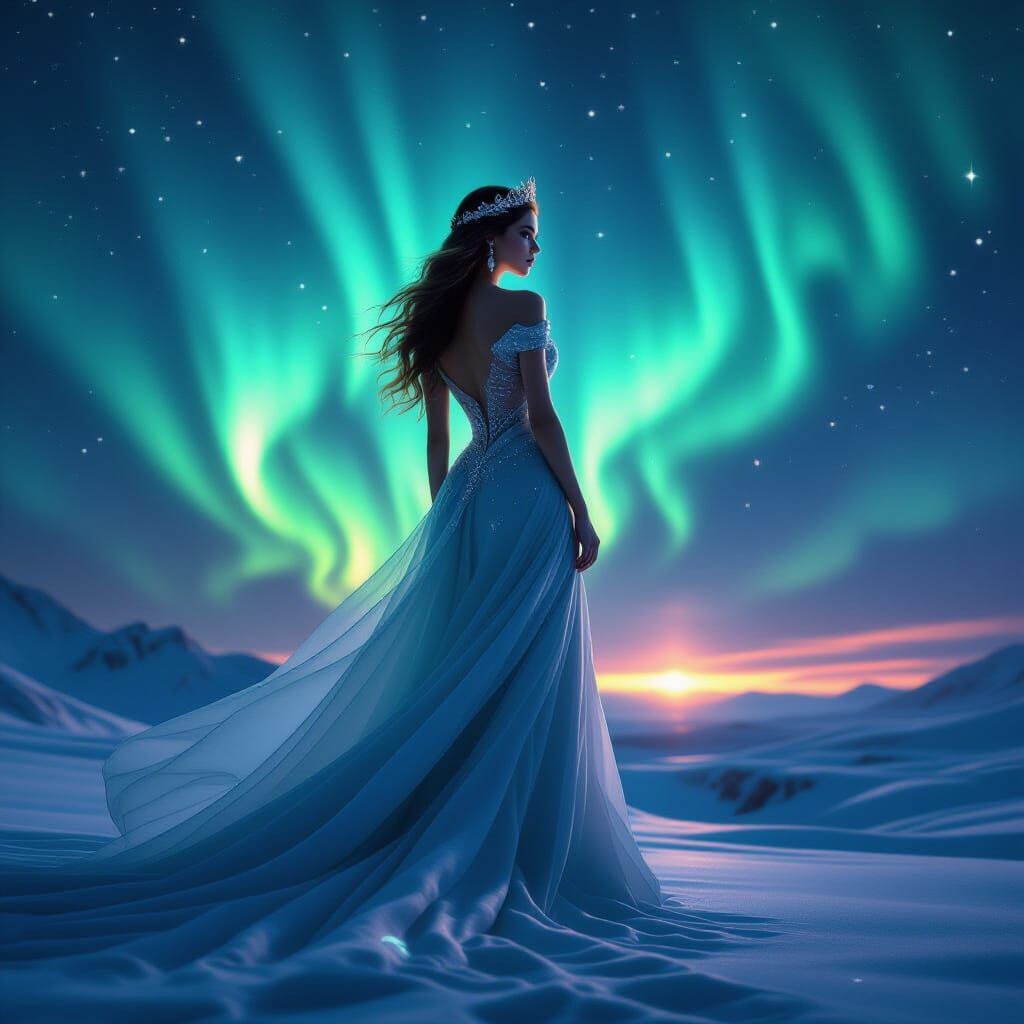 Queen Under Aurora Skies in Luminous Fantasy Style