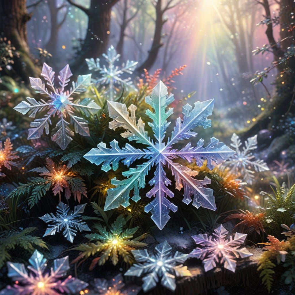 Rainbow Opal Snowflakes in Mythical Forest