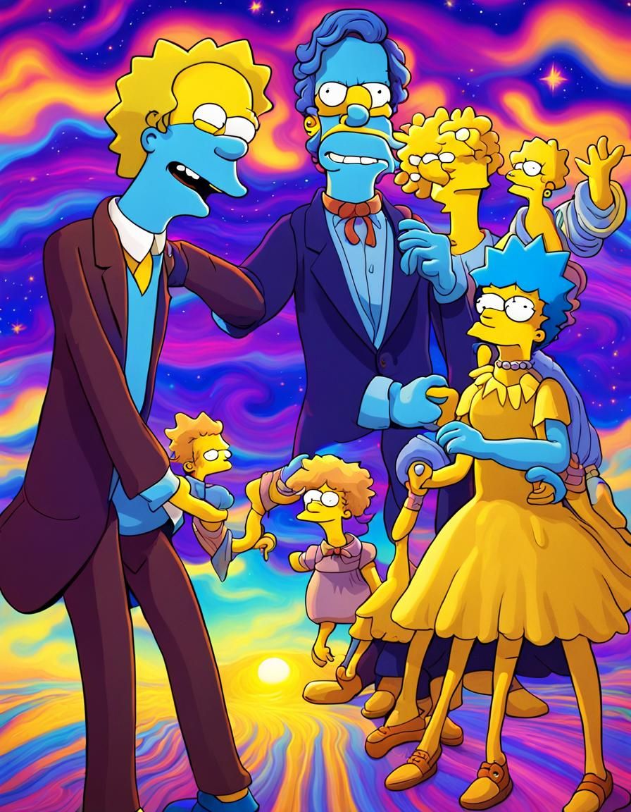 Simpsons Family in Psychedelic Dreamscape, Surreal Cartoon