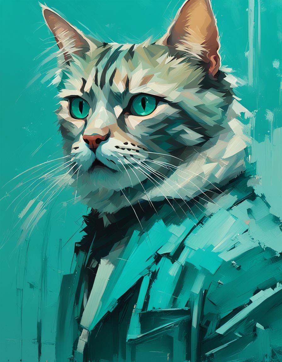 Teal Cat Portrait in Oil, Modern Art Style