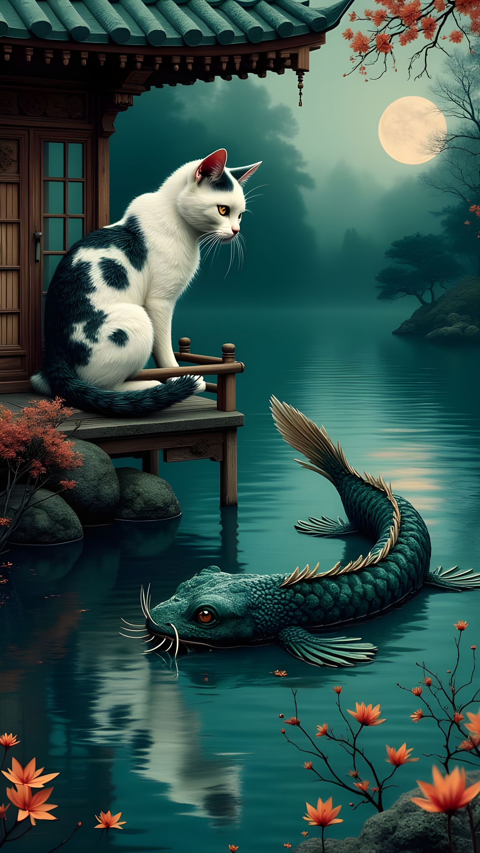 Cat and Kappa Monster in Haunted Shrine