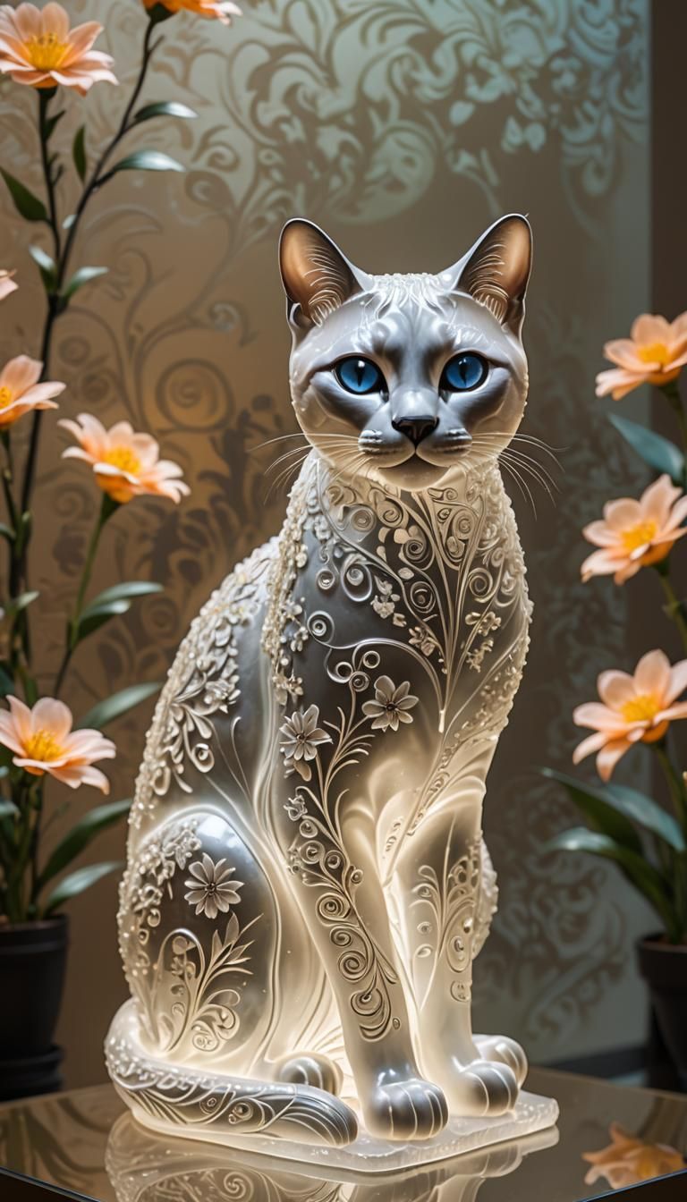 Floral Frosted Glass Siamese Cat Sculpture