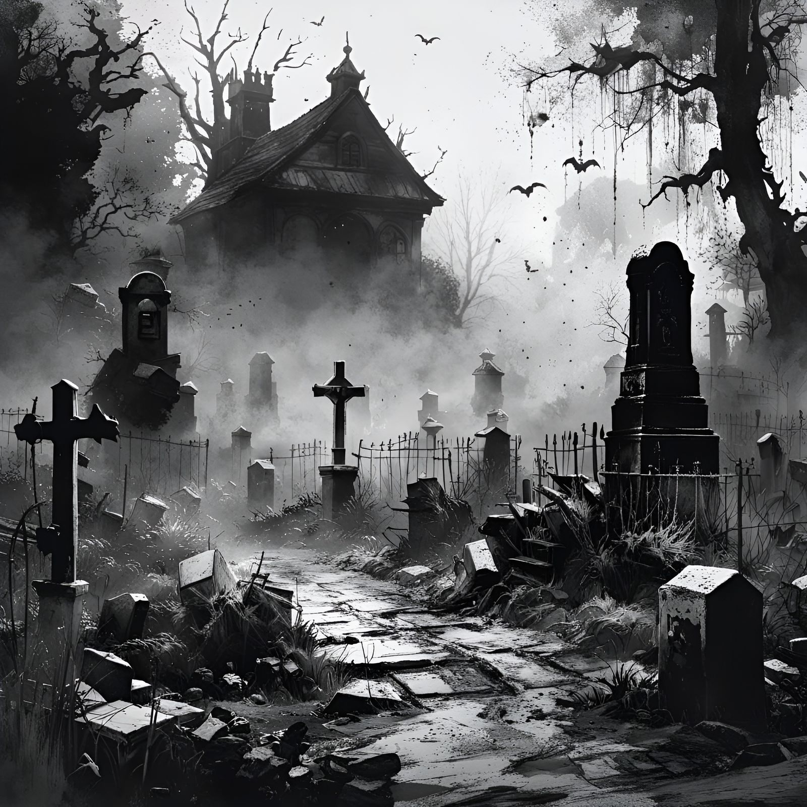 Haunted Graveyard in Black and White Horror Style