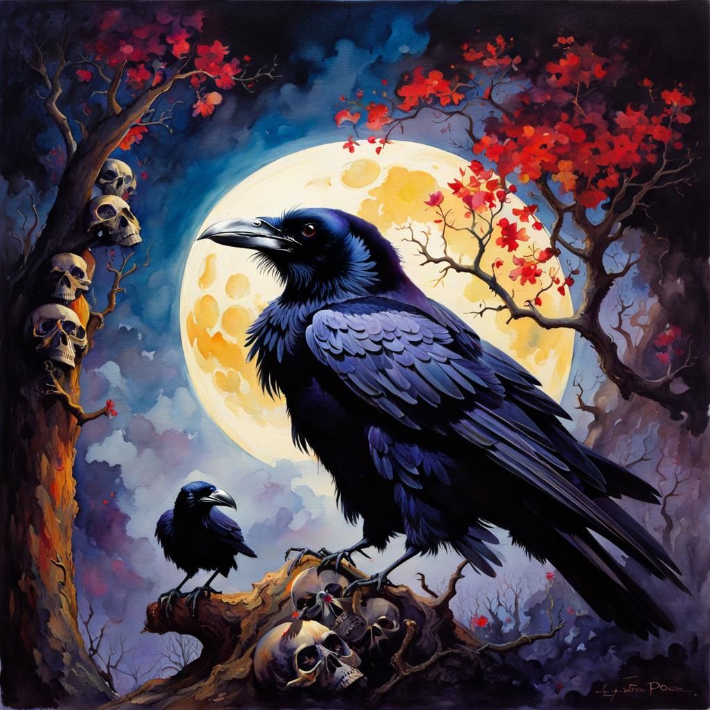 Ravens and Skulls Under Full Moon in Watercolour