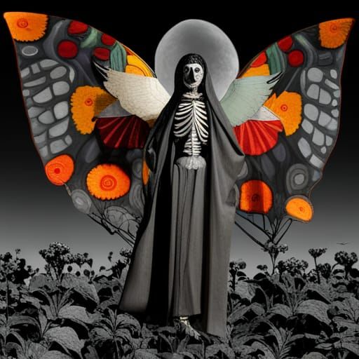 Santa Muerte Butterfly In flight, in a Million Marigolds And Winter Tree dreamscape, Salvador Dali collaboration Paul ...