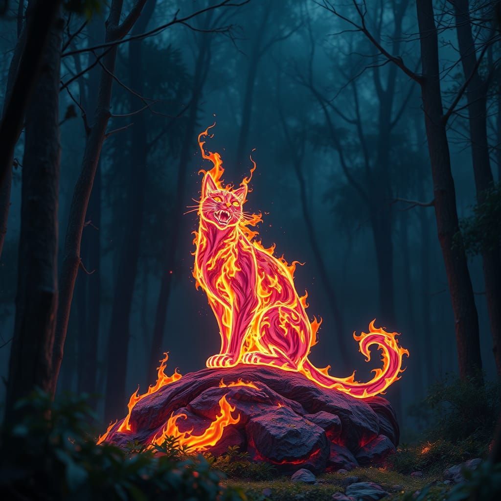 Flaming Cat in Forest Alcohol Ink Style