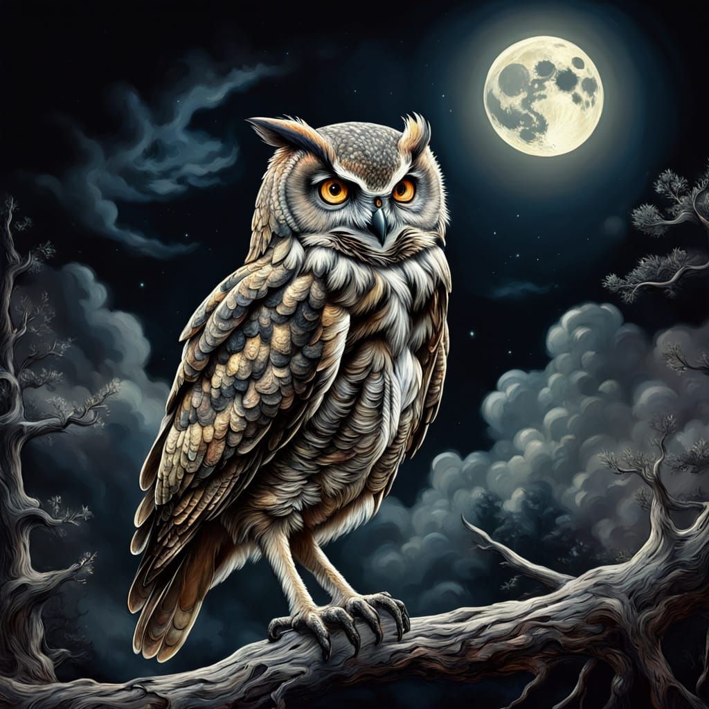 Moonlit Owl: Neo-Impressionist Charcoal and Oil Painting