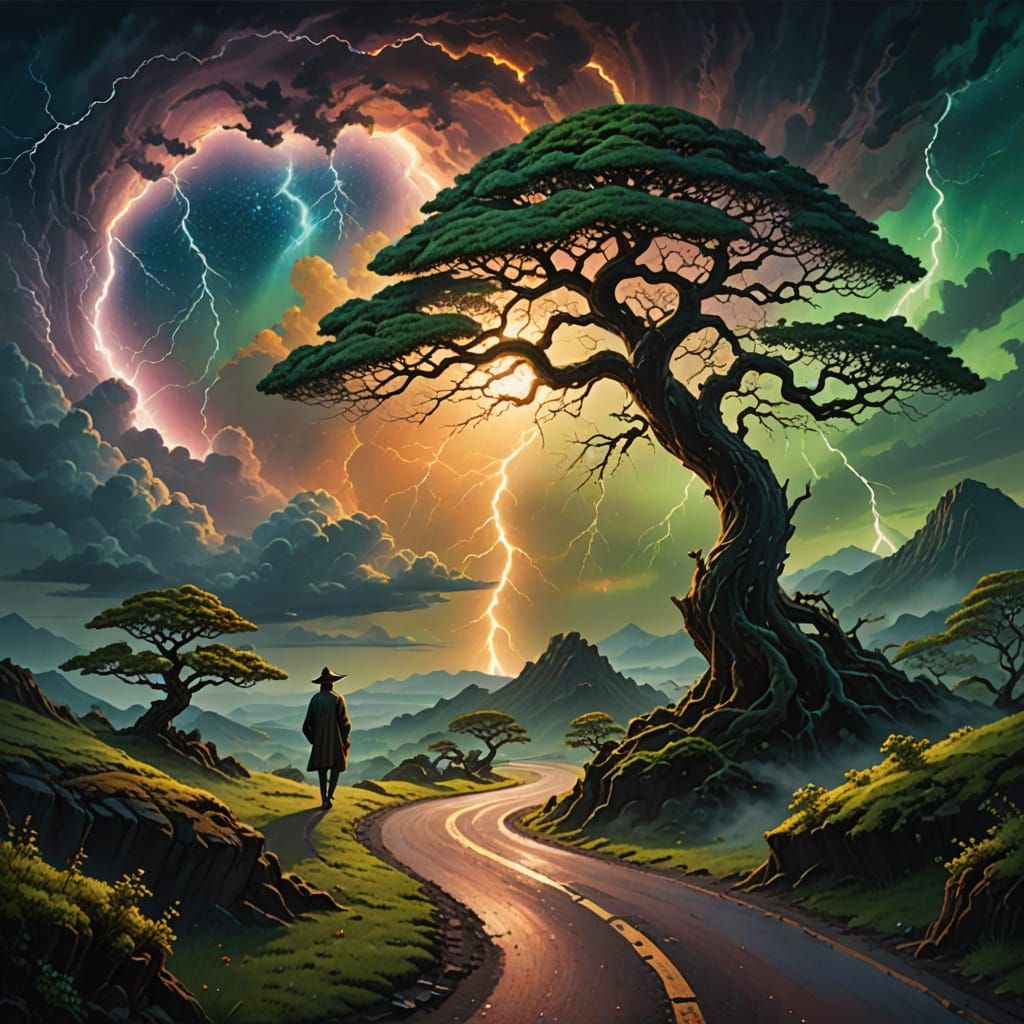 Surreal Figure Walking Towards Stormy Cloud