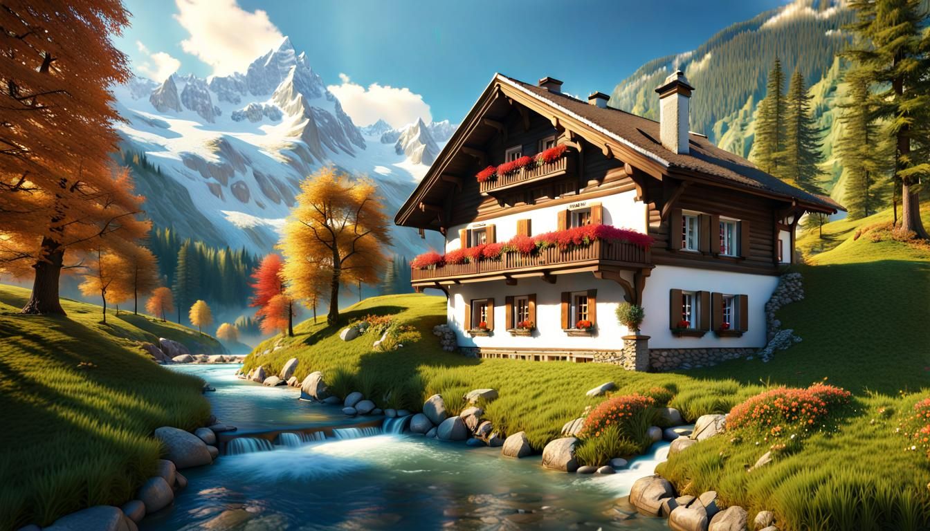 Swiss Chalet in Alps: Romantic Mountain Scene