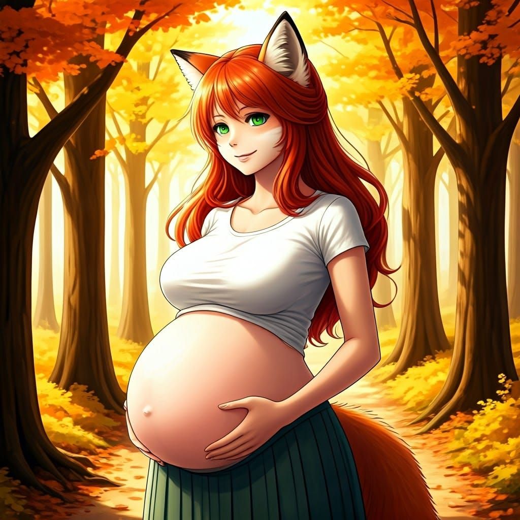 Beautiful Pregnant Fox Woman in Anime Style