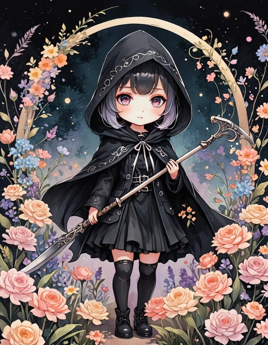Chibi Anime Grim Reaper with Pastel Flowers