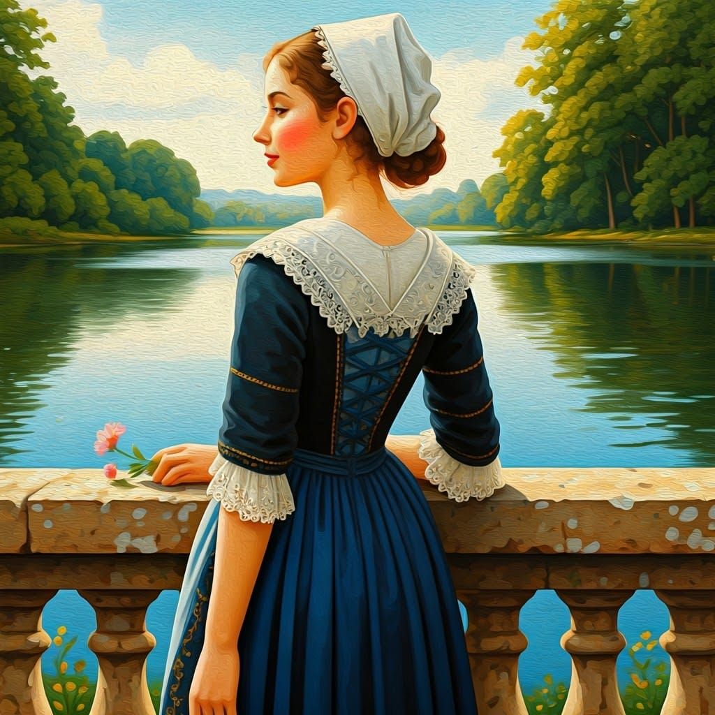 French Folk Art Lady Lost in Thought by a Serene Lake