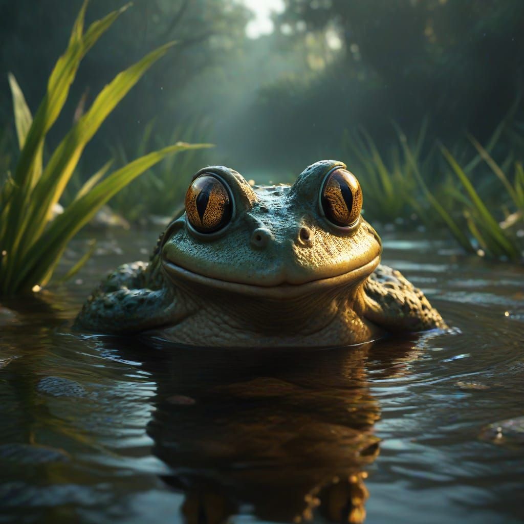 Frog Creature Emerges From Swamp With Glowing Eyes