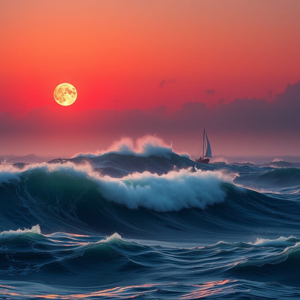 Hyperrealistic Ocean Sunset with Sailboat and Red Moon