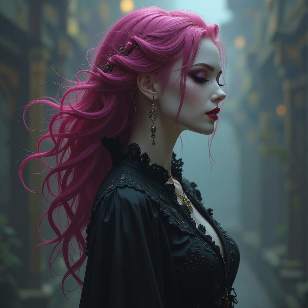 Sinister Woman with Pink Hair in Dark Fantasy Style